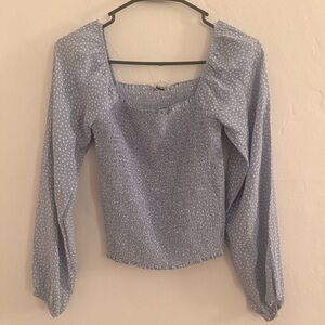 Light Blue Polka Dot Smocked Long-Sleeve Top